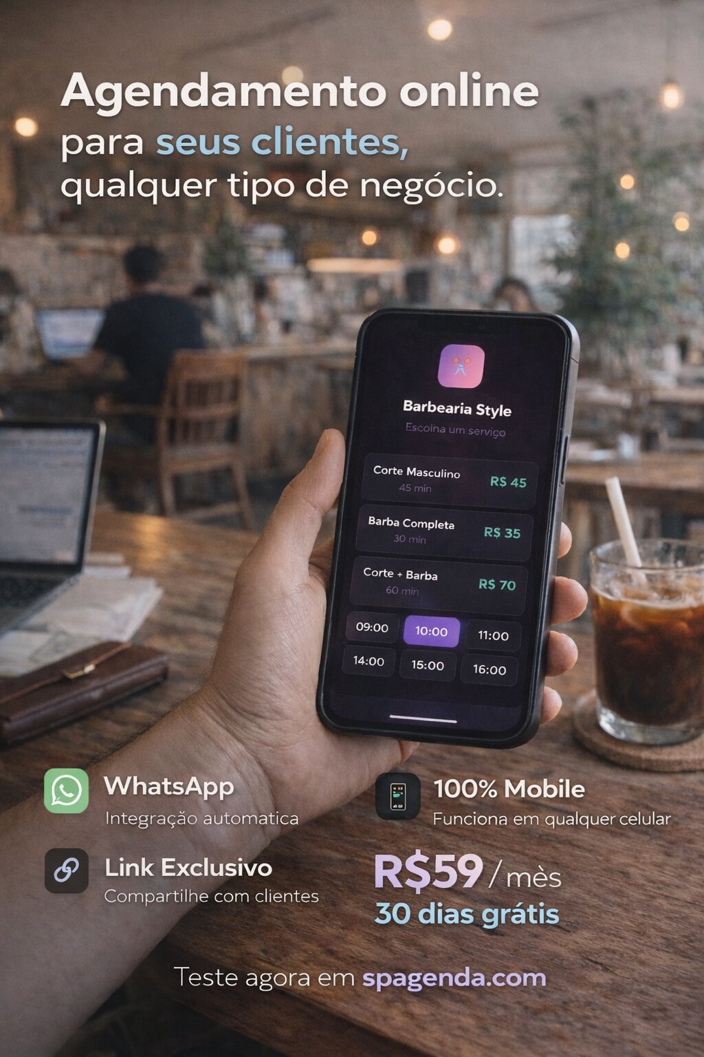 Pessoa usando sistema de agendamento online no celular em barbearia mostrando serviços de corte e barba com preços e horários disponíveis para agendar